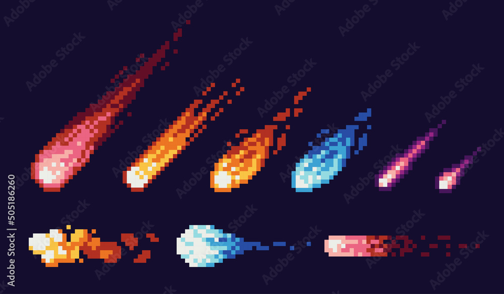 Cosmic sparkling comet pixel art set. Falling shiny asteroids collection. 8 bit sprite. Game development, mobile app.  Isolated vector illustration. - obrazy, fototapety, plakaty 