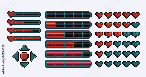 Menu interface with health bars pixel art set. Buttons, hearts and arrows collection. 8 bit sprite. Game development, mobile app.  Isolated vector illustration.