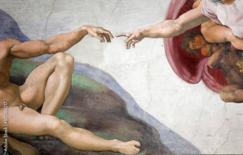 The Creation of Adam by Michelangelo at the Sistine chapel, Vatican, Rome, Italy