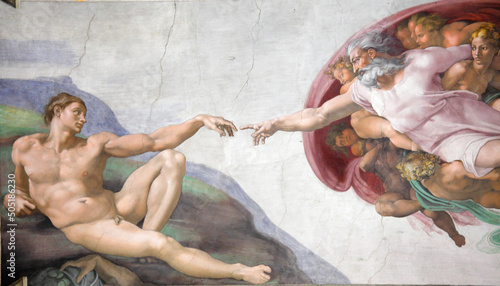 Canvastavla The Creation of Adam by Michelangelo at the Sistine chapel, Vatican, Rome, Italy