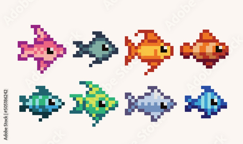 Tropical, exotic fishes pixel art set. Different underwater colorful creatures collection. 8 bit sprite. Game development, mobile app.  Isolated vector illustration.