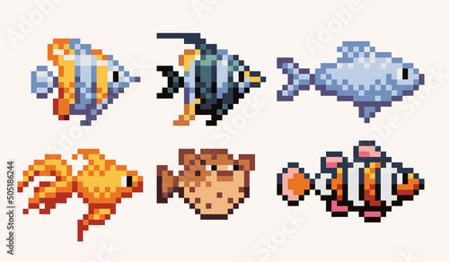 Tropical, exotic fishes pixel art set. Different underwater colorful creatures collection. 8 bit sprite. Game development, mobile app.  Isolated vector illustration.