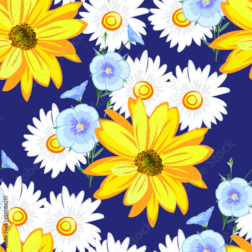 Flower pattern  flowers of sunflower   chamomile  flax  flowers and blossoms linen close up on dark blue background  seamless texture  EPS 10  vector