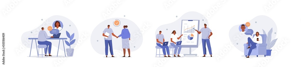 Business people illustration set. Characters working at home and coworking office. People talking with colleagues and planning business strategy. Vector illustration.
