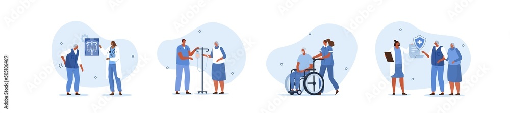 Elderly healthcare illustration set. Seniors in nursing home hospital meeting with doctor, having consultation and care from nurse. Geriatric medicine concept. Vector illustration. - obrazy, fototapety, plakaty 
