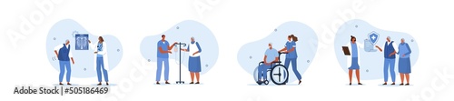 Elderly healthcare illustration set. Seniors in nursing home hospital meeting with doctor, having consultation and care from nurse. Geriatric medicine concept. Vector illustration.