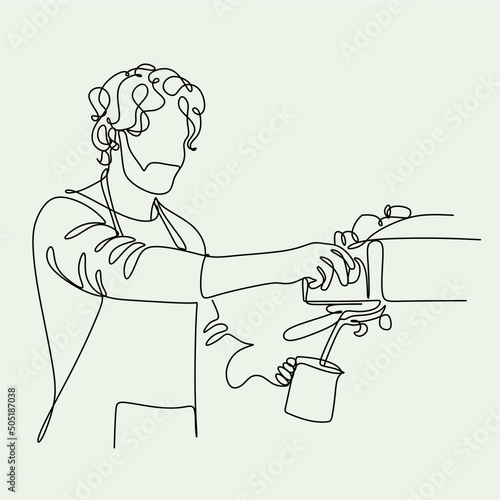 Continue line of barista pouring milk to coffee. Line art drawing of staff coffee vector illustration. Minimalist 