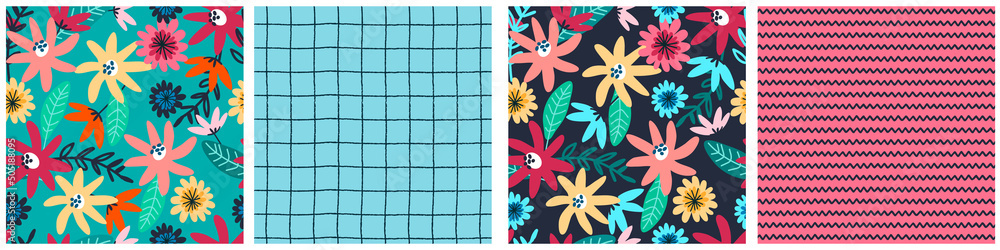 Seamless patterns set with field flowers for textile, fashion design. Vibrant colors, dark blue background. Night meadow concept Seamless patterns set with field flowers for textile, fashion design. Vibrant colors, dark blue background. Night meadow concept