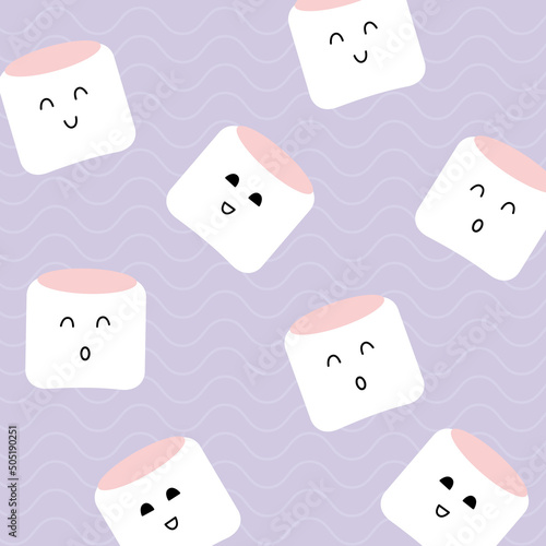 Marshmallow cute face character seamless pattern, vector illustration background
