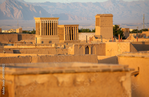 View of the city with traditional Windcatchers (Badgir), Yazd, Iran photo