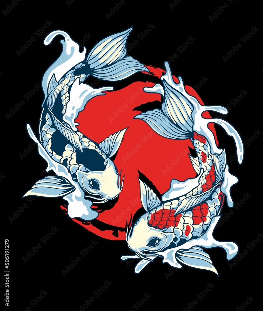Detailed Hand Drawing Illustration of Two Koi Fish Swimming in the Waves  with a Red Circle Background. Stock Vector