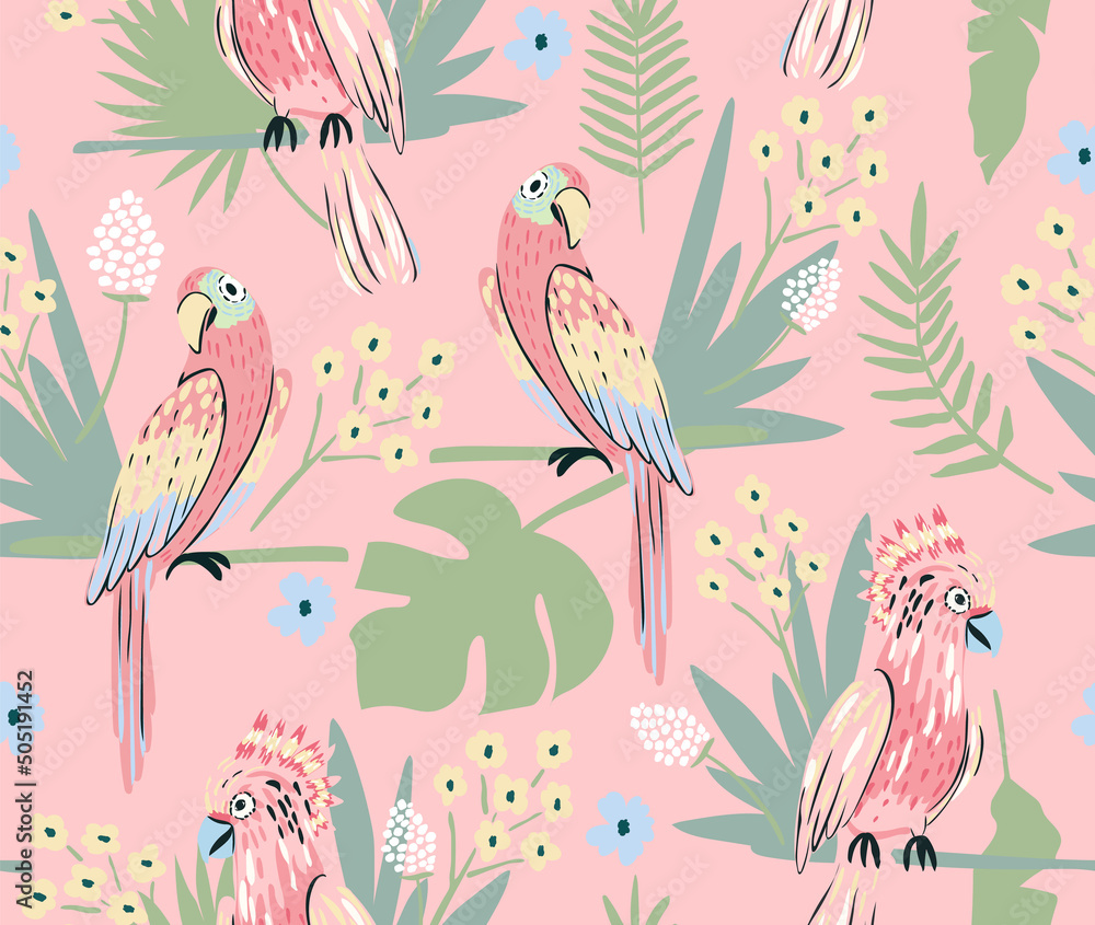 Parrot seamless pattern with and palm leaf. Cute background for girls, baby or kids