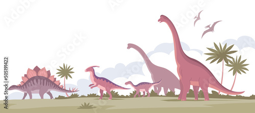 Big brachiosaurus with a long neck, parasaurolophus, stegosaurus. Herbivorous dinosaur of the Jurassic period. Cartoon illustration. Prehistoric pangolin. Science paleontology. Wild landscape