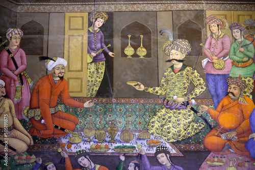 Fresco at Chehel Sotoun palace showing the reception assembly of Shah Abbas for Vali Mohammad Khan, Isfahan, Iran
