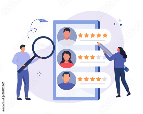 Job recruitment process concept. HR managers searching job candidates with positive feedback. Characters applying for work position. Vector illustration.