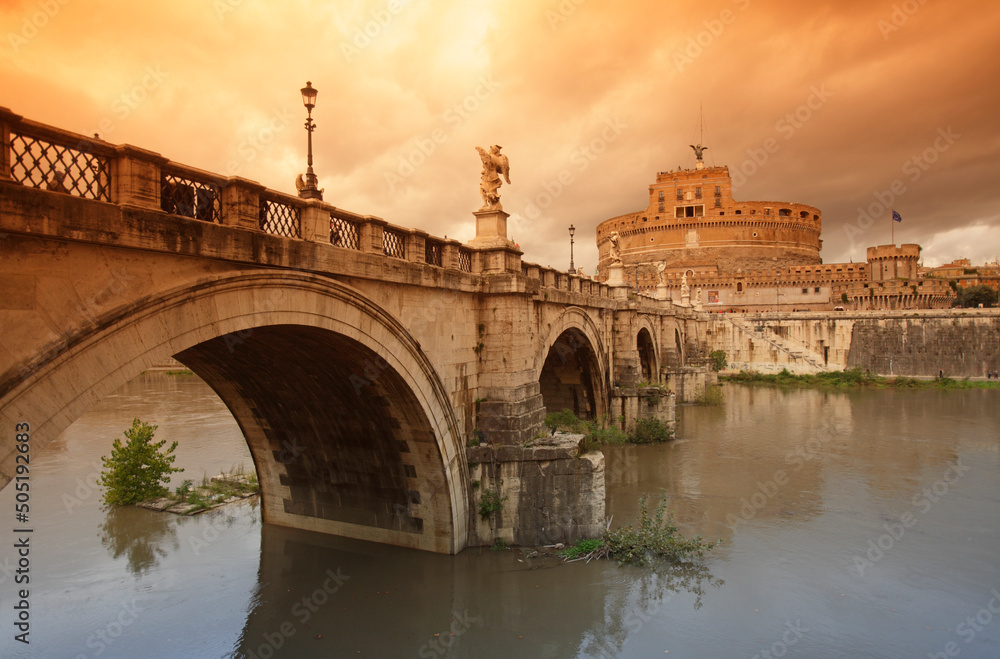 Castel Sant'Angelo (Mausoleum of Hadrian), reflected in the Tevere river, Rome, Italy
