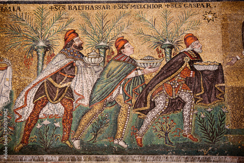 Mosaic of three Magi at Basilica of Sant'Apollinare Nuovo, Ravenna, Italy photo