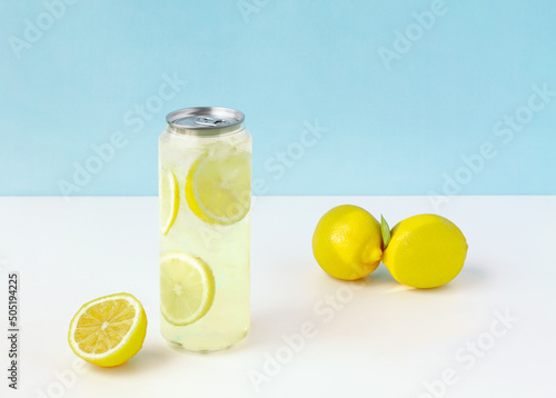 Lemonade sealed in a pet can. Easy-to-deliver concept.
