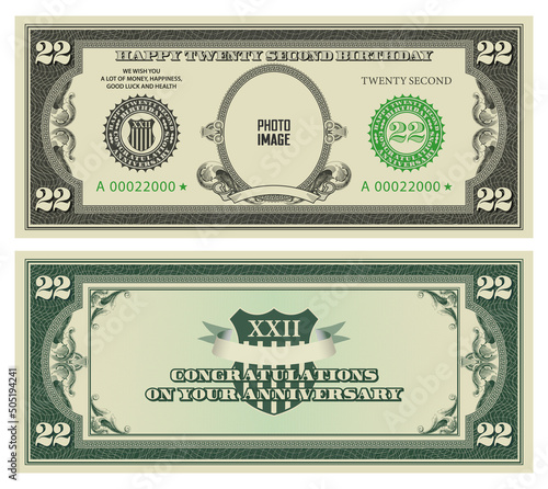Vector double-sided greeting card in the style of vintage american dollars. Happy twenty second birthday. Сongratulations anniversary. Sample with empty oval and ribbon. Inscription your photo