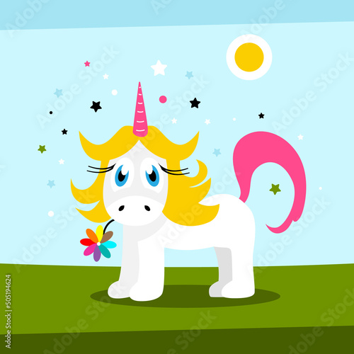 Unicorn with golden hair on meadow - vector cartoon