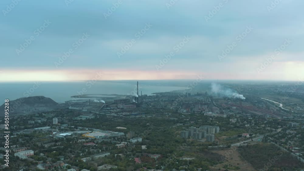 Mariupol Metallurgical plant Azovstal. Industrial city. Aerial view. Flight over the city in peacetime. Ukrainian city before Russian aggression. Developing city. Mariupol, Ukraine. Mariupol Metallurgical plant Azovstal. Industrial city. Aerial view. Flight over the city in peacetime. Ukrainian city before Russian aggression. Developing city. Mariupol, Ukraine.
