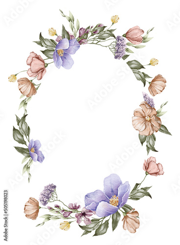 Beige and purple summer flower frame for card, invitation, fabric design. Floral wreath composition.