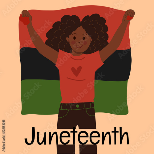 Happy African American young woman with raised hands holding Pan African, Black Liberation flag. Celebrating character - black girl. Jubilee, Emancipation, Freedom Day greeting card.