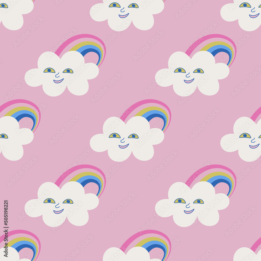 Seamless vector rainbow cloud pattern. Illustration of cloud with face. Background for design, fabric, textile, cover, wrapping.	