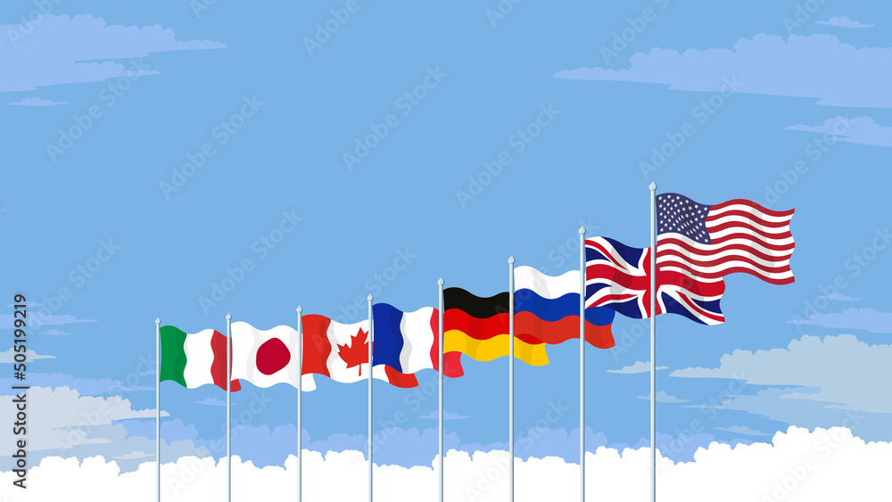 Detailed flat vector illustration of the flags of the G8 flying in ...