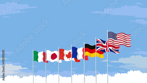Detailed flat vector illustration of the flags of the G7 flying in front of a cloudy sky background. Room for text. photo
