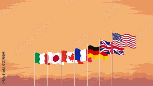 Detailed flat vector illustration of the flags of the G7 flying in front of a cloudy sky background at dawn. Room for text. photo