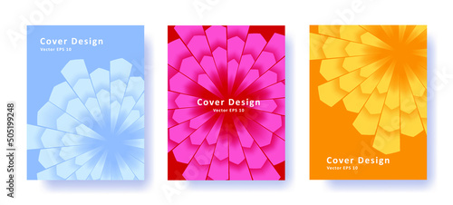 Set of posters with abstract geometric backdrop, rays spreading from the center. Vector illustration