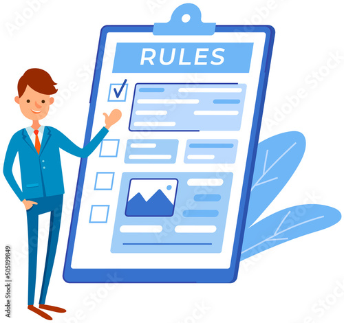 Giant clipboard, task done and check mark ticks. Check document with rules. Form with survey, paper sheet with results of review. Colleagues discuss business rules. Strategy, business development