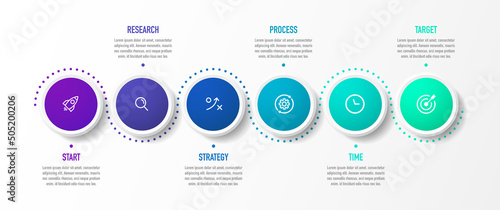 Timeline infographic design with 6 options or steps. Infographics for business concept. Can be used for presentations workflow layout, banner, process, diagram, flow chart, info graph, annual report.