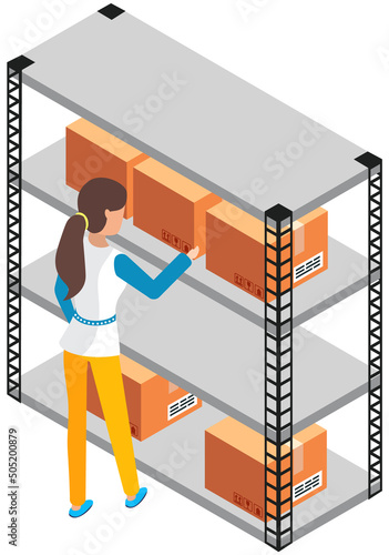 Woman in warehouse checking inventory levels of goods on shelf. Warehouse with boxes. Storage office utility room with delivery service. Orders, send to customer, boxes with products and stickers
