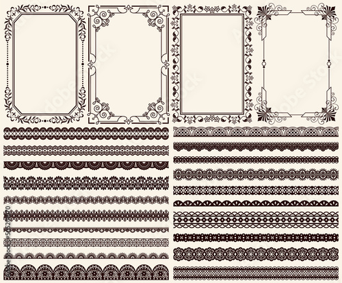 Set of wide lace ribbons and frames with ornament. Black design elements isolated in retro style. Pattern for creating vintage style, decor design. Lace decoration template, frameworks