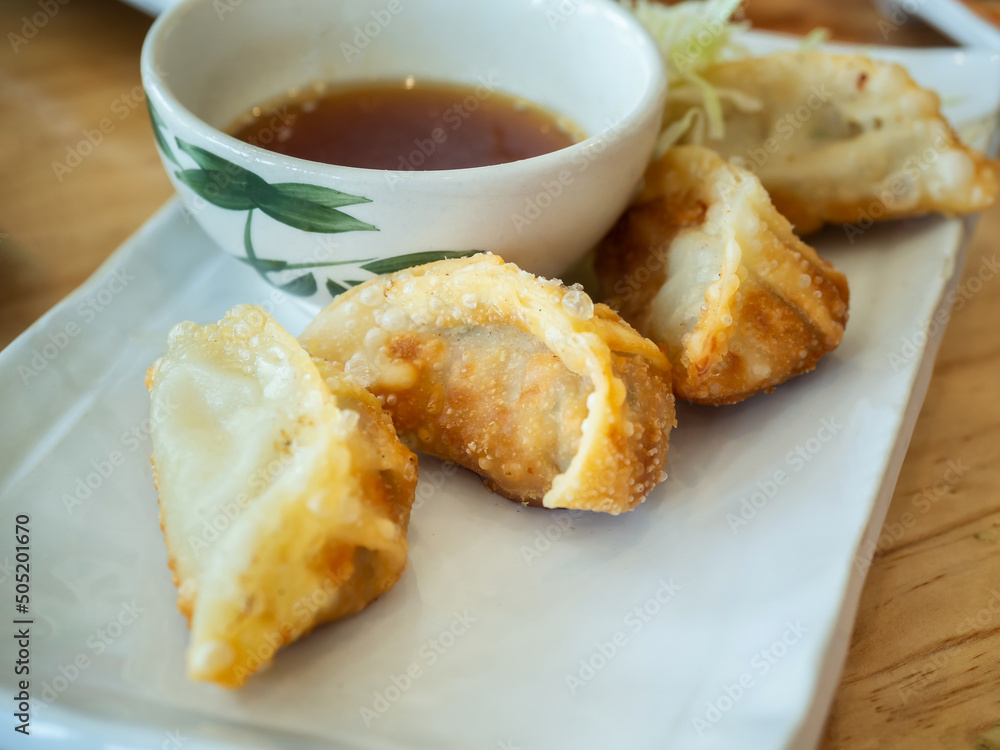 Dry-fried gyoza dumplings with sauce on white dish in a japanese food restaurant. Dry-fried gyoza dumplings with sauce on white dish in a japanese food restaurant.