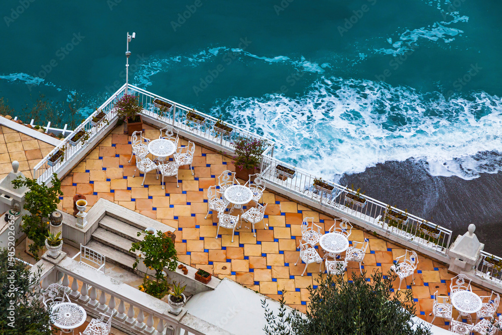Empty open-air restaurant at Amalfi seacoast, Italy