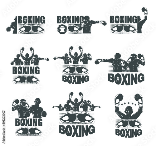 Illustration of black and white fighter concept for boxing logo set