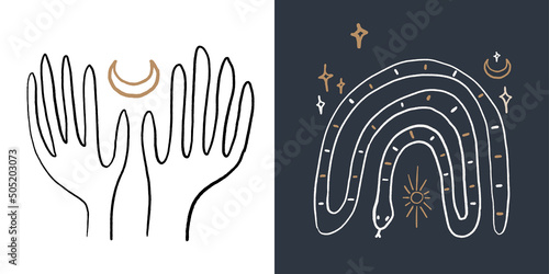Boho meditation clipart with snake, curved as a rainbow, sun, moon, stars and opened hands wise and calmness symbols. 