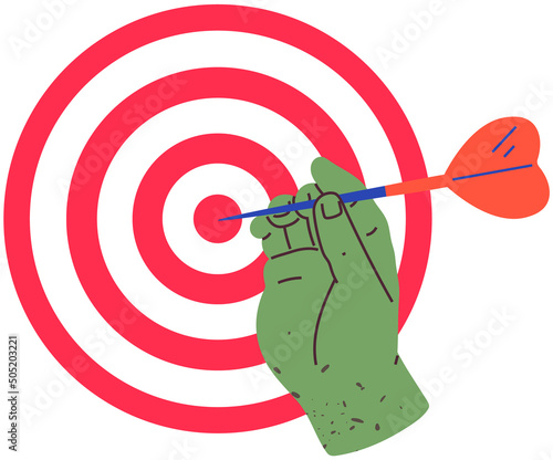 Human hand with tools for playing darts vector illustration. Dart throw as symbol of success, goal achievement. Hand holding dart with sharp tip and throws at target. Hitting target as successful game