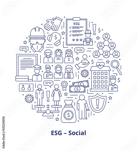 Set icons, ESG social concept. Icons arranged in a circle shape with a heading at the bottom. Vector illustration isolated on a white background.