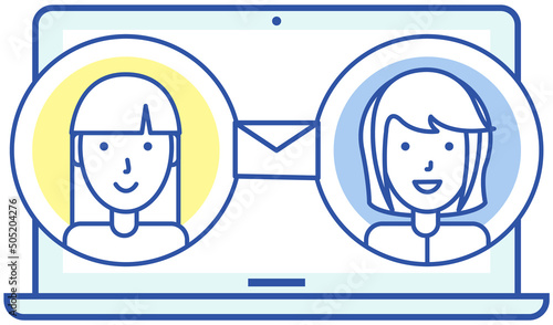 Email notification near user profiles, accounts. App for chatting and mailing icon. Program, social network for online communication via Internet. People use virtual mailbox with digital letter sign