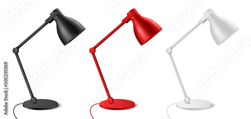 Table lamp vector set, in black, red, and white colors. Realistic desk light shade isolated.