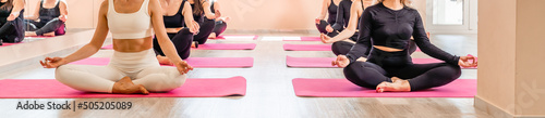A group of sportswomen doing pilates or yoga on pink mats in a beige loft studio interior. Teamwork, good mood and healthy lifestyle concept.