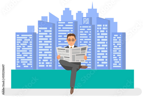 Serious man sits and reads newspaper in town. Lifestyle of busy people concept. Rest of successful male character with news in city. Adult businessman with newspaper on background of skyscrapers