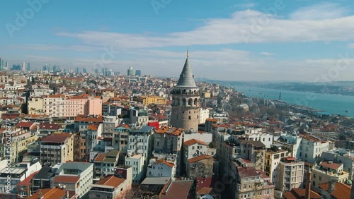 Aerial view of Galata tower, one of the ancient symbols in Istanbul. Bosphorus and Istanbul skyline. Istanbul, Turkey. photo