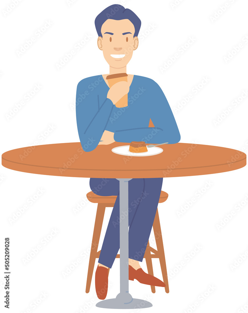 Man sitting on chair drinking coffee or tea and eating cake in cafe. Person spends time at home alone. Guy resting with drink and food on comfortable chair. Male character during day off, weekend Man sitting on chair drinking coffee or tea and eating cake in cafe. Person spends time at home alone. Guy resting with drink and food on comfortable chair. Male character during day off, weekend