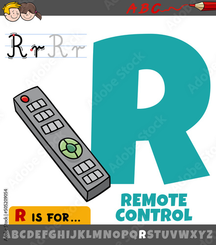 letter R worksheet with cartoon remote control object