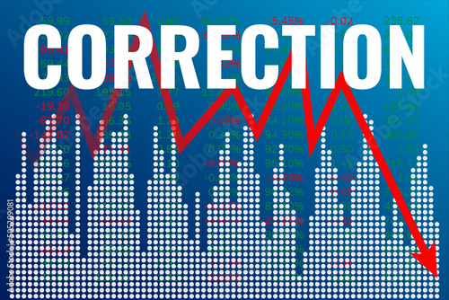 Financial term Correction on blue background. Downtrend. Financial market concept